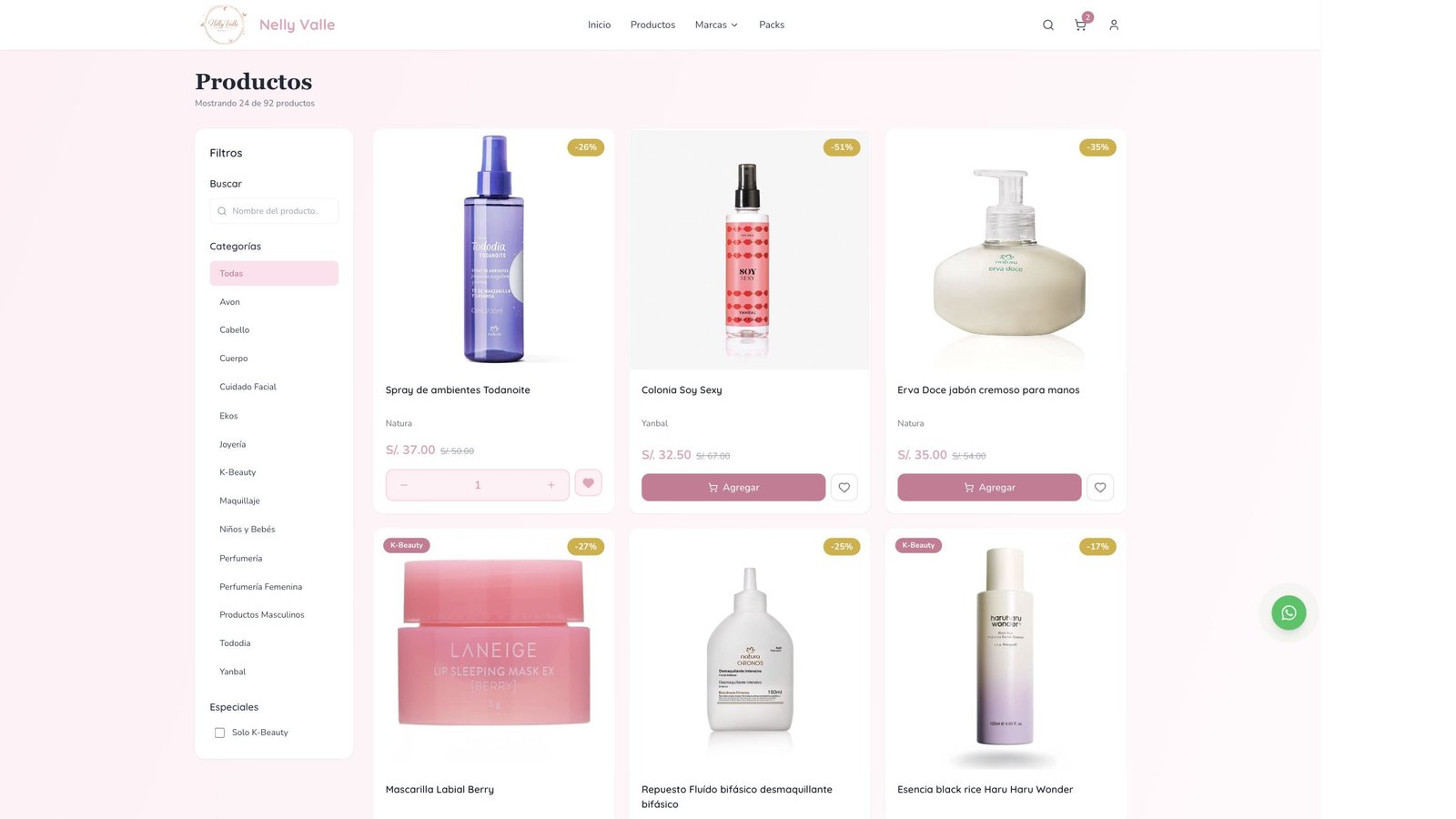Catálogo online de Nelly Valle Beauty con filtros, precios y compra directa